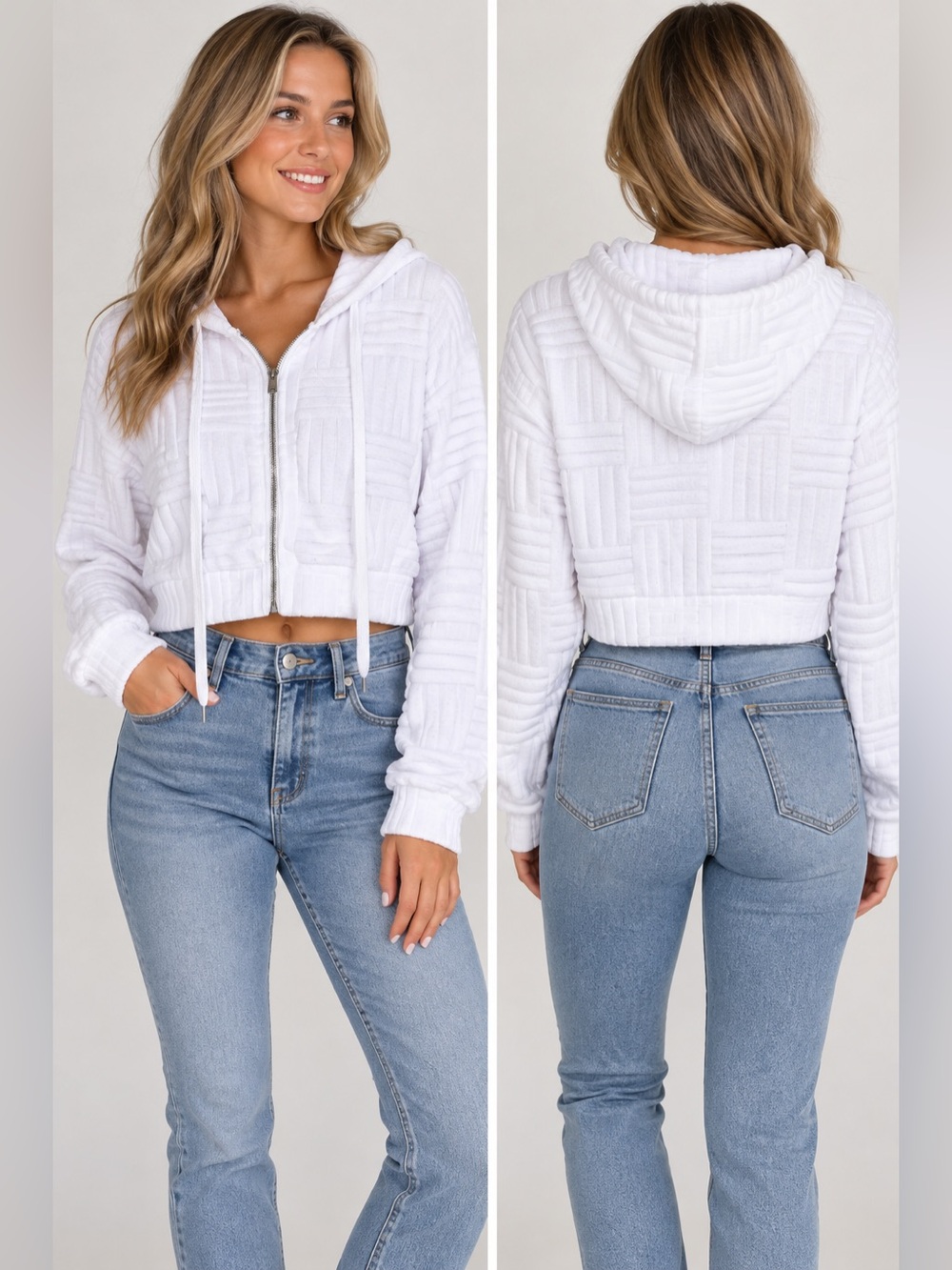 Daisy White Cropped Hoodie with Textured Pattern Size Medium